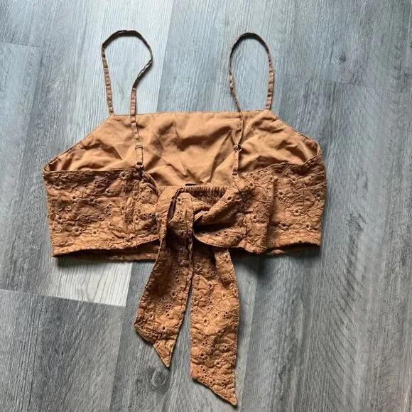 American Eagle Chestnut Eyelet Crop Top Smocked Large Festival Summer - Picture 4 of 7